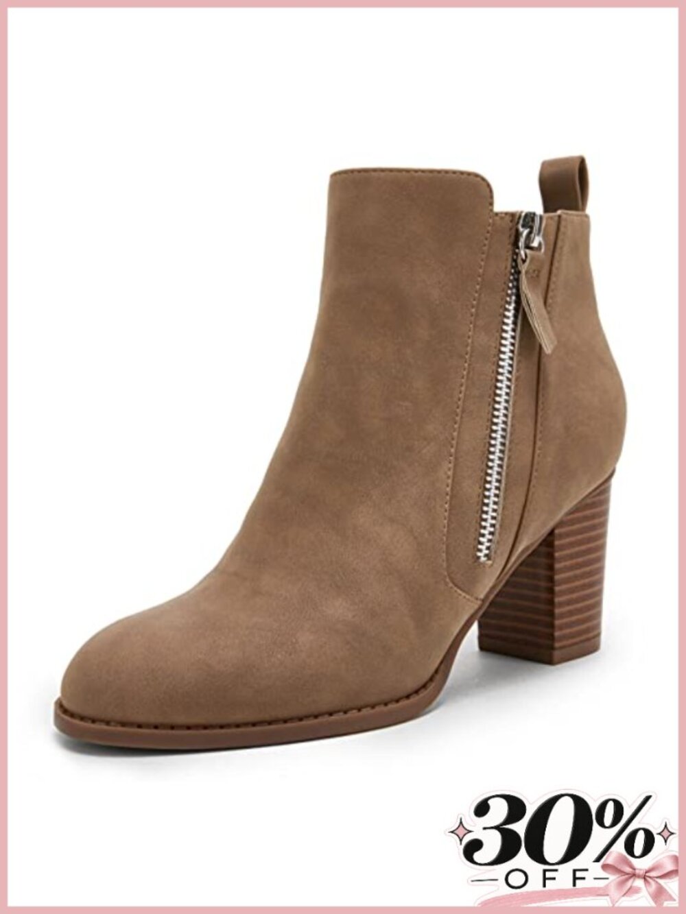 Faux Leather Suede Ankle Boots Chunky Block Heel Pointed Toe Zip Booties